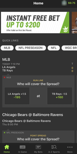 draftkings sportsbook home screen